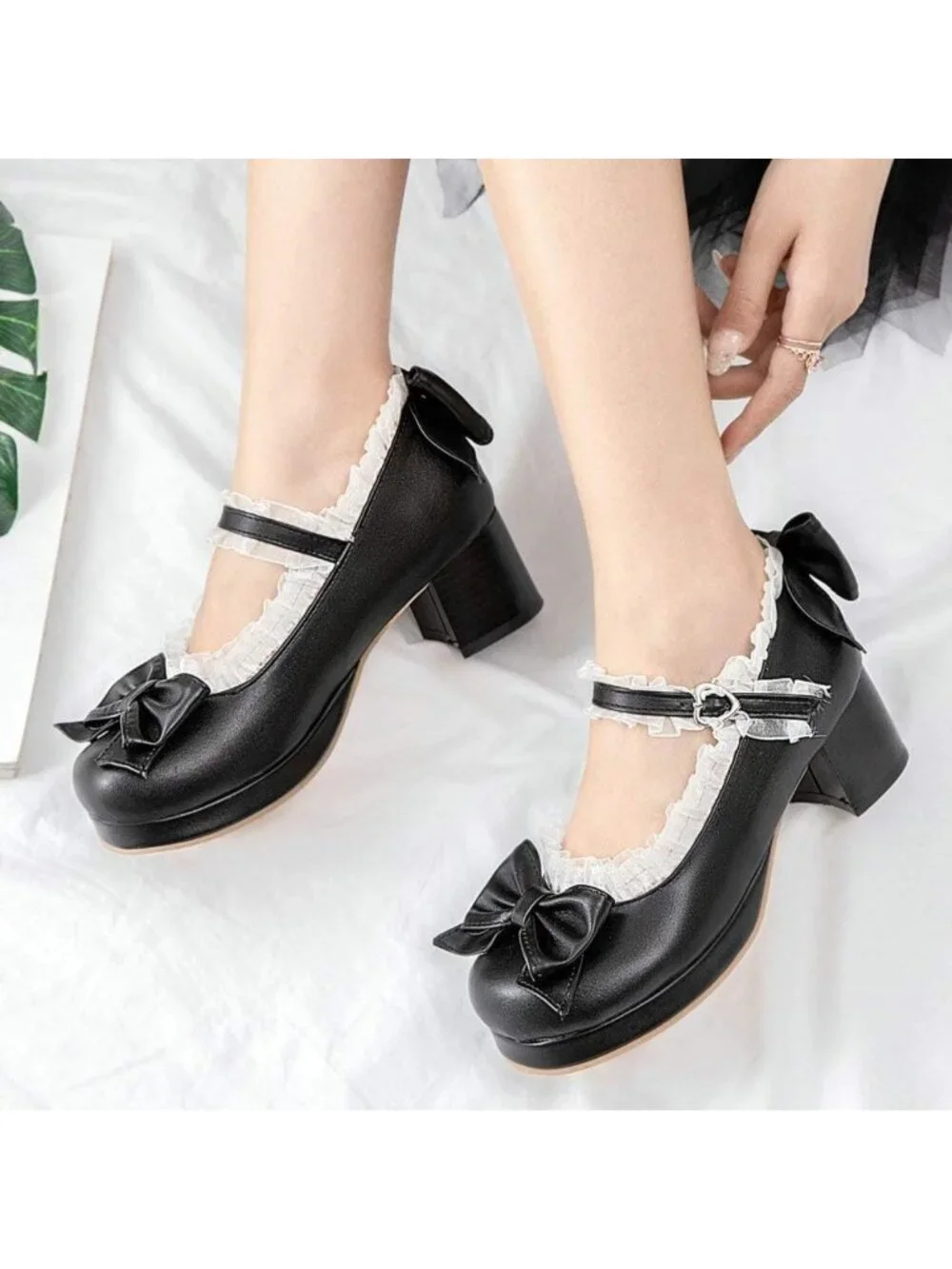 Kawaii Mid Block Heel Mary Jane Pumps with Bow | Rockabilly Style Shoes for